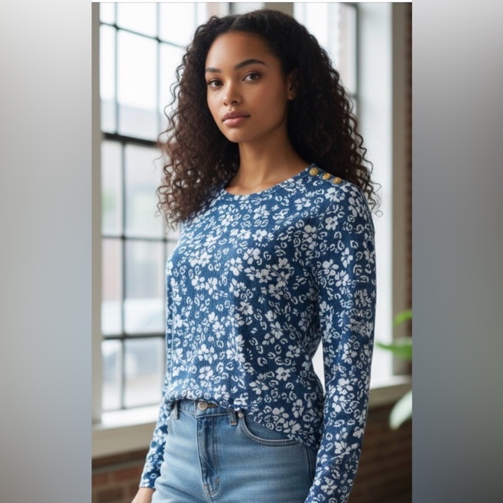 Ann Taylor LOFT Floral Blue Long Sleeve Top Size XS Stretch Gold Button Detail - Picture 1 of 12